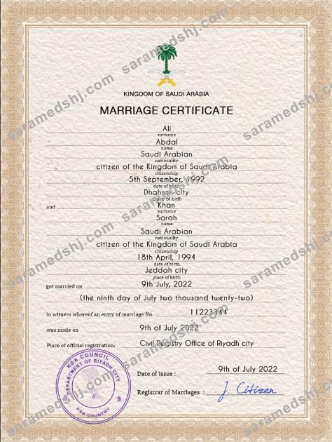 Saudi Arabia marriage certificate PSD template